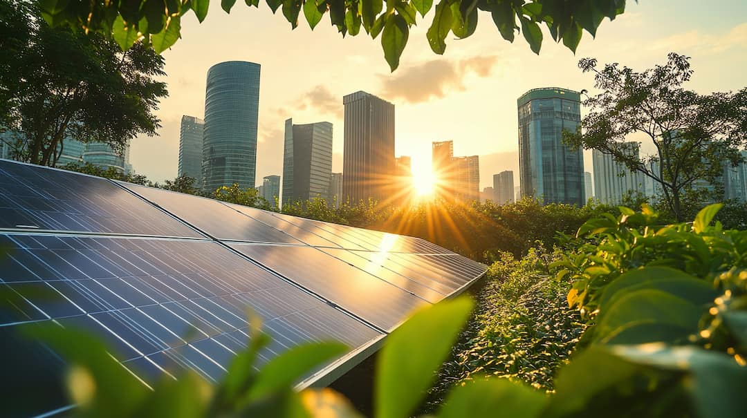 Solar panels in garden near city showing what is the future of solar energy